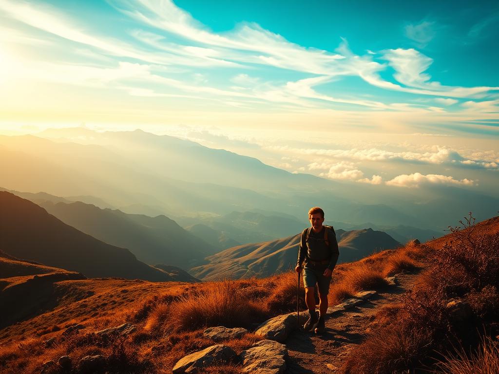 Erfolg durch innere Überzeugung: Ihr Weg zum Gipfel 4 A serene mountain landscape, bathed in warm, golden sunlight. In the foreground, a weary hiker ascends a winding path, their expression resolute despite the fatigue. The middle ground reveals a breathtaking vista, with rolling hills and distant peaks. In the background, wispy clouds drift across a vibrant, azure sky. The scene conveys a sense of perseverance and inner strength, as the hiker's journey represents the enduring pursuit of success through resilience and patience.
