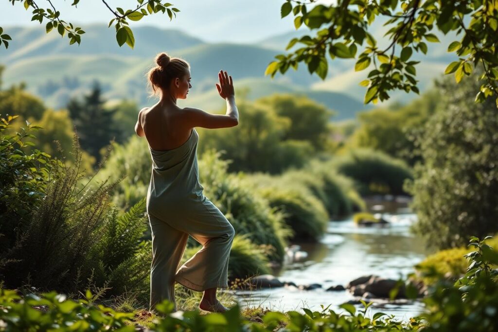 A serene, natural scene depicting the concept of "Bewegung Lebergesundheit". In the foreground, a person engages in gentle, flowing yoga or tai chi movements amidst lush, verdant foliage. The middle ground features a tranquil stream or pond, its waters reflecting the surrounding greenery. In the background, rolling hills or mountains create a soothing, peaceful landscape. The lighting is soft and diffused, creating a calming, meditative atmosphere. The composition emphasizes balance, harmony, and the interconnectedness of the human body, nature, and a healthy liver. The overall scene evokes a sense of rejuvenation, restoration, and holistic well-being. A serene, natural scene depicting the concept of "Bewegung Lebergesundheit". In the foreground, a person engages in gentle, flowing yoga or tai chi movements amidst lush, verdant foliage. The middle ground features a tranquil stream or pond, its waters reflecting the surrounding greenery. In the background, rolling hills or mountains create a soothing, peaceful landscape. The lighting is soft and diffused, creating a calming, meditative atmosphere. The composition emphasizes balance, harmony, and the interconnectedness of the human body, nature, and a healthy liver. The overall scene evokes a sense of rejuvenation, restoration, and holistic well-being.