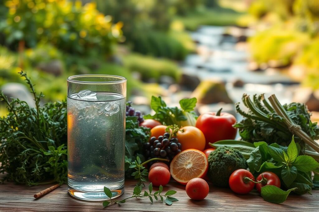 A serene, natural scene of detoxification. In the foreground, a glass container filled with a clear, bubbling liquid, symbolizing the cleansing process. The middle ground features an array of fresh herbs, fruits, and vegetables, representing the nourishing elements of a detox. In the background, a lush, verdant landscape with a flowing stream, conveying a sense of tranquility and rejuvenation. Warm, soft lighting illuminates the scene, creating a calming atmosphere. The composition is balanced and inviting, drawing the viewer into the restorative power of detoxification. A serene, natural scene of detoxification. In the foreground, a glass container filled with a clear, bubbling liquid, symbolizing the cleansing process. The middle ground features an array of fresh herbs, fruits, and vegetables, representing the nourishing elements of a detox. In the background, a lush, verdant landscape with a flowing stream, conveying a sense of tranquility and rejuvenation. Warm, soft lighting illuminates the scene, creating a calming atmosphere. The composition is balanced and inviting, drawing the viewer into the restorative power of detoxification.