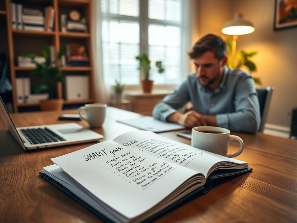 A serene office setting with a wooden desk, where a person is deeply engaged in planning and reflection. The desk is adorned with a modern laptop, a mug of coffee, and a notebook open with SMART goals handwritten in a neat script. The lighting is warm and focused, creating a contemplative atmosphere. In the background, a bookshelf with various organizational tools and a plant adds a touch of natural elements. The overall scene conveys a sense of intentional productivity and personal growth.