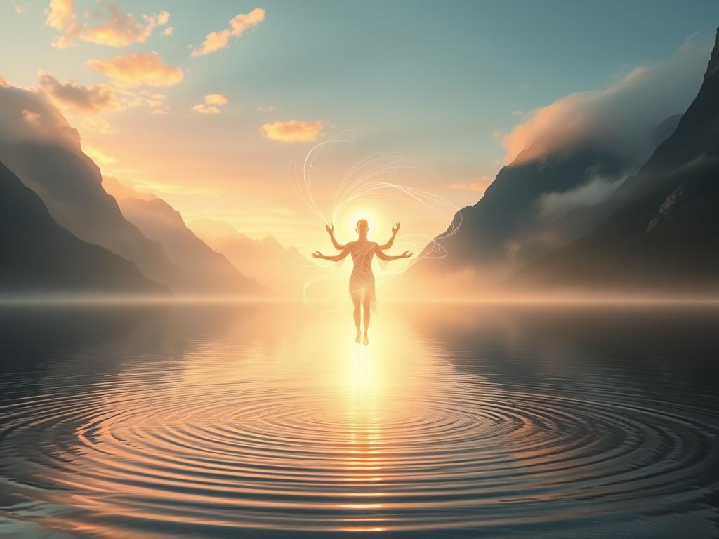 A serene, otherworldly landscape of spiritual awakening. In the foreground, a glowing figure representing the divine self, surrounded by swirling, ethereal energy. In the middle ground, a tranquil lake reflects the sky, its surface rippling with a sense of inner peace. In the background, towering mountains shrouded in mist, hinting at the mysteries of the higher realms. Soft, diffused lighting casts a warm, contemplative glow, while a wide-angle lens captures the expansive, transcendent atmosphere. The overall mood is one of profound enlightenment, a journey of the soul towards a greater understanding of the self and the universe.