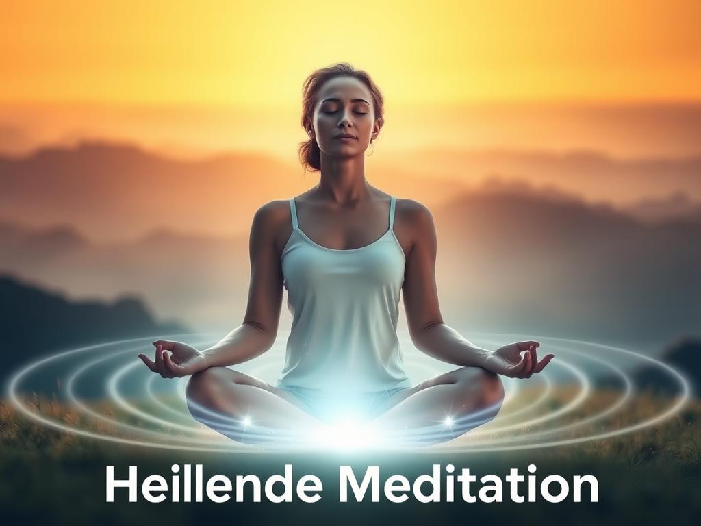 Erfahre Heilung mit Steffen Lohrer Heilmeditation 1 A serene, peaceful scene of a person sitting in a meditative pose, their eyes closed in deep concentration. The background is filled with soft, warm lighting, creating a calming atmosphere. The foreground features a glowing energy field surrounding the meditator, emanating waves of healing. The composition is balanced, with the meditator positioned in the center, surrounded by a natural landscape of rolling hills and a distant, hazy horizon. The scene conveys a sense of inner tranquility and rejuvenation, perfectly capturing the essence of "Heilende Meditation" as described in the article.