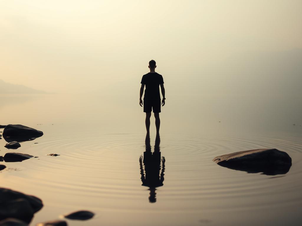 Erfolg durch innere Überzeugung: Ihr Weg zum Gipfel 1 A serene reflection of the self, captured in a tranquil pool of introspection. The subject stands alone, gazing inward, their silhouette mirrored in the still waters below, representing the journey of self-discovery. Soft, diffused lighting illuminates the scene, casting a warm, contemplative glow. The background fades into a hazy, dreamlike landscape, symbolizing the depth and complexity of the inner world. Textures of natural elements, such as smooth stones and gentle ripples, add depth and tactility to the image, inviting the viewer to pause and reflect alongside the central figure.