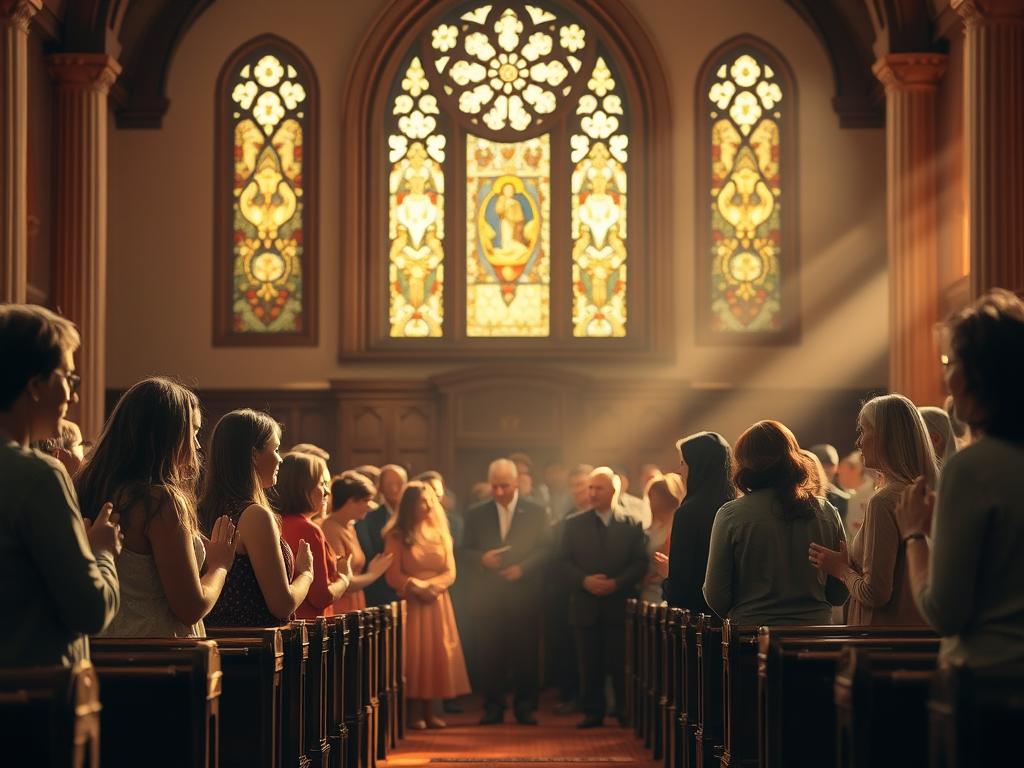 Glaubensentwicklung fördern 1 A serene sanctuary filled with faithful devotees, united in their shared beliefs. Soft, warm lighting casts a reverent glow, illuminating their solemn expressions as they gather in a circular formation, hands clasped in contemplation. The ornate, stained-glass windows in the background filter in ethereal rays, creating an atmosphere of spiritual tranquility. The predominant colors are muted tones of gold, amber, and burgundy, evoking a sense of timelessness and devotion. Elegant, carved wooden pews provide a simple, yet sturdy foundation for the congregation, as they come together to strengthen their faith and find solace in their shared community.