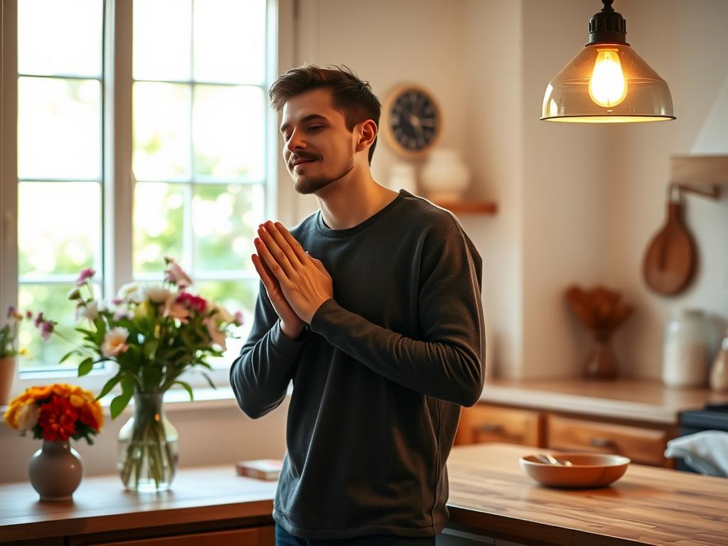 Wunder durch Glaubensstärke 1 A serene scene of everyday life, capturing the power of faith. In the foreground, a person standing at a kitchen counter, hands clasped in prayer, their face radiating a sense of tranquility and inner strength. Surrounding them, the details of a cozy, well-lit home - a vase of fresh flowers, the warmth of a wooden table, and the gentle glow of a hanging lamp, all evoking a peaceful, homely atmosphere. In the background, a window overlooking a lush, verdant garden, suggesting a connection to the natural world and a sense of divine presence. The overall image conveys a feeling of grounded spirituality, where the mundane and the sacred intertwine, reflecting the role of faith in one's daily life.