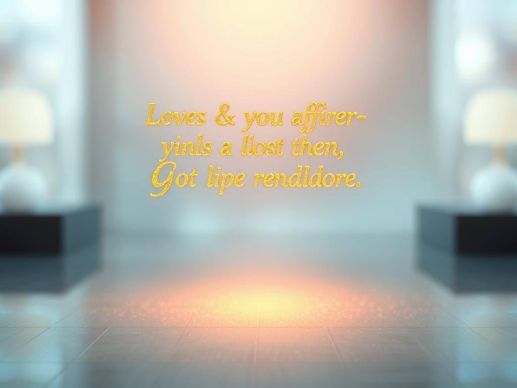 Wohlstand mit Affirmationen 2 A serene scene of golden affirmations floating in a meditative space. In the foreground, glimmering golden text hovers weightlessly, radiating a warm glow. The middle ground features a tranquil backdrop of soft, blurred colors, creating a sense of depth and focal point. The background is a subtle, ethereal gradient, evoking a sense of infinite potential and possibility. The lighting is soft and diffuse, casting a gentle, enveloping luminance. The camera angle is slightly elevated, inviting the viewer to contemplate the power of language and its transformative potential. An atmosphere of calm, introspection, and abundance pervades the scene.