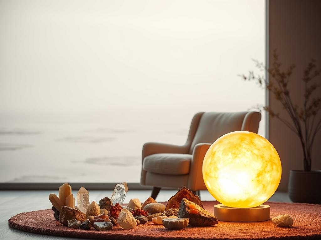 A serene, soft-lit interior scene with a warm, inviting atmosphere. In the foreground, a glowing orb of light, radiating a sense of inner fulfillment and contentment. Surrounding it, an array of natural elements - crystals, geodes, and other earthly treasures - symbolizing the depth and abundance of one's inner riches. In the middle ground, a plush, cozy armchair invites contemplation, while the background features a tranquil, minimalist landscape with muted tones, suggesting a sense of harmony and balance. The overall composition conveys a feeling of peaceful introspection and the celebration of the innate, transformative power of the self.