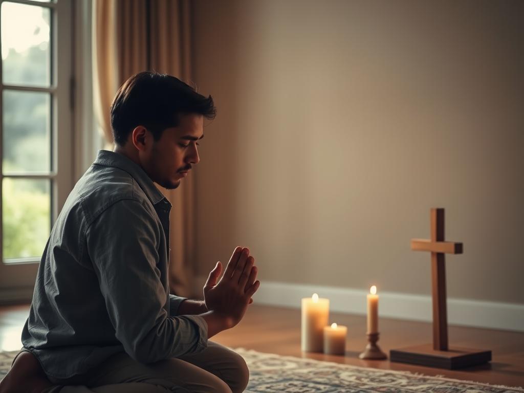Stärken Sie Ihren Glauben: Tägliche Glaubensarbeit Praxis 3 A serene, softly-lit interior setting, capturing the challenges and triumphs of faith. In the foreground, a person kneels in prayer, their face filled with a mix of determination and vulnerability. The middle ground features symbols of spirituality, such as a simple wooden cross or candle flickering gently. The background evokes a sense of contemplation, perhaps a window overlooking a lush, tranquil landscape or a subtly textured wall, creating a calming, introspective atmosphere. The overall composition conveys the delicate balance between the struggles and the strength found within one's spiritual journey.