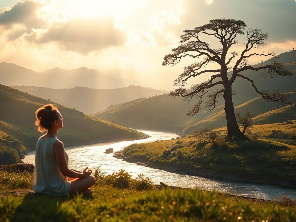 Neuer Glaube, neues Leben: Entfache deine Seele 2 A serene, softly lit landscape depicting the journey of spiritual development. In the foreground, a person sits in a meditative pose, their face radiating an inner glow. Gentle rays of light filter through wispy clouds, casting a warm, contemplative atmosphere. In the middle ground, a gently flowing river winds through lush, verdant hills, symbolizing the ebb and flow of personal transformation. In the distance, a tall, ancient tree stands as a metaphor for wisdom and growth, its branches reaching skyward. The overall mood is one of peace, introspection, and a sense of connection to the divine. The scene evokes a feeling of personal growth, self-discovery, and the awakening of the soul.