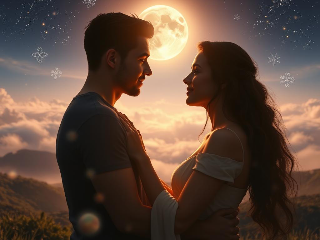 Seelengefährten finden: Verbindung auf Seelenebene 3 A serene, softly lit scene depicting the profound connection between soulmates. In the foreground, two intertwined figures gaze into each other's eyes, their expressions radiating a deep, soulful understanding. The middle ground features an ethereal, dreamlike landscape, with swirling mists and glowing orbs of energy that symbolize the mystical, spiritual nature of their bond. In the background, a celestial sky with shimmering stars and a full moon sets the stage for this timeless, transcendent moment. The overall mood is one of reverence, intimacy, and the profound significance of finding one's soulmate.