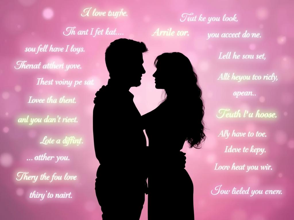 Seelenpartner finden Affirmationen für tiefe Liebe 1 A serene, softly-lit scene of two silhouetted figures embracing against a backdrop of glowing, floating affirmations. The figures' forms are indistinct, emphasizing the connection and unity between them. The affirmations appear as ethereal, shimmering texts in a variety of soothing pastel hues, gently drifting and intertwining around the central embrace. The overall atmosphere is one of tranquility, intimacy, and the transformative power of affirmations in finding a soulmate connection.