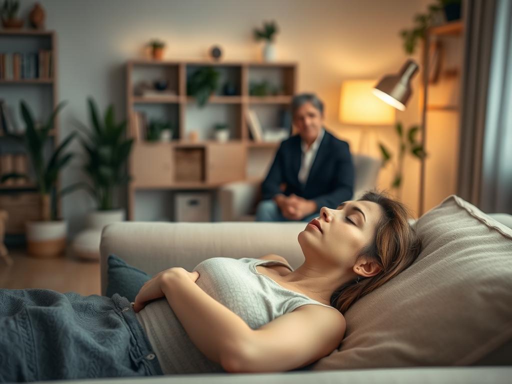 Finden Sie Heilung in Ihrer Psychosomatik Klinik 1 A serene, soothing scene of a psychosomatic treatment session. In the foreground, a patient reclines on a comfortable couch, eyes closed, radiating a sense of tranquility and introspection. Gentle lighting from a nearby floor lamp casts a warm, calming glow. In the middle ground, a therapist sits attentively, conveying empathy and thoughtful focus. The background depicts a cozy, welcoming office environment with bookshelves, plants, and neutral-toned decor, evoking an atmosphere of safety and healing. The overall mood is one of therapeutic intimacy, guiding the viewer to understand the essence of psychosomatic treatment.