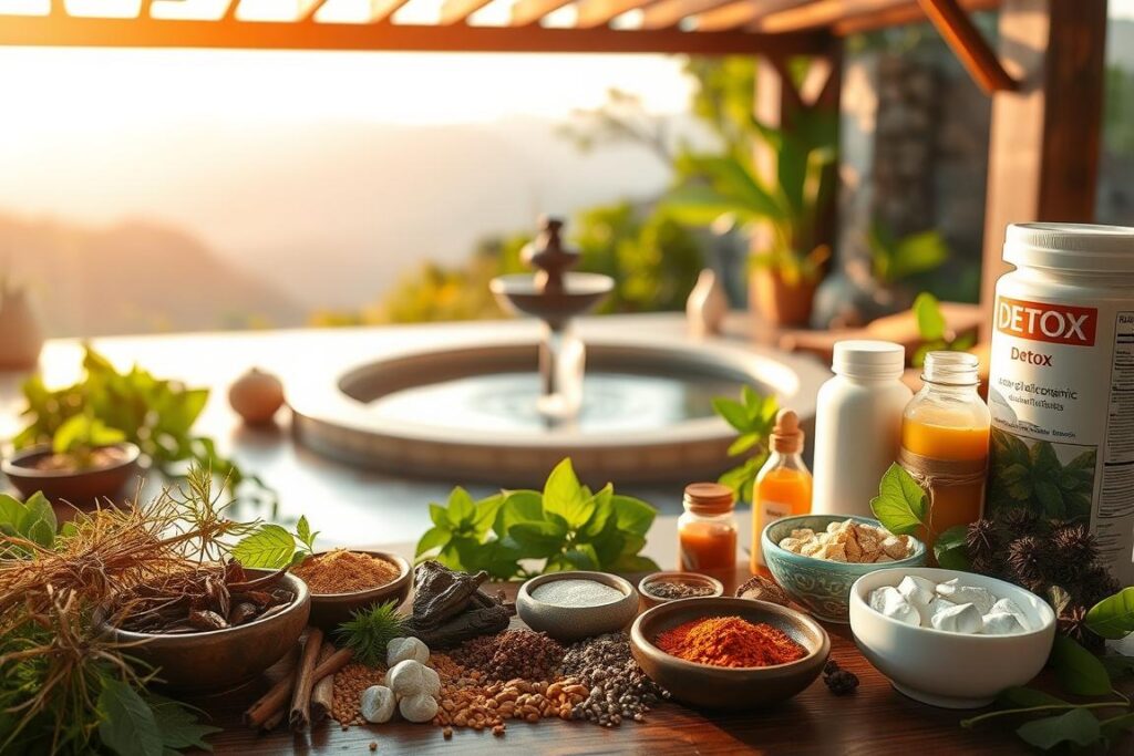 A serene spa-like setting with various detox methods on display. In the foreground, a selection of organic herbs, spices, and natural supplements artfully arranged. In the middle ground, a soothing water feature, perhaps a fountain or a small pool, surrounded by lush greenery. In the background, a tranquil landscape with mountains or rolling hills, bathed in warm, golden light. The overall atmosphere is one of calm, wellness, and rejuvenation, inviting the viewer to explore the diverse range of natural detox methods. A serene spa-like setting with various detox methods on display. In the foreground, a selection of organic herbs, spices, and natural supplements artfully arranged. In the middle ground, a soothing water feature, perhaps a fountain or a small pool, surrounded by lush greenery. In the background, a tranquil landscape with mountains or rolling hills, bathed in warm, golden light. The overall atmosphere is one of calm, wellness, and rejuvenation, inviting the viewer to explore the diverse range of natural detox methods.