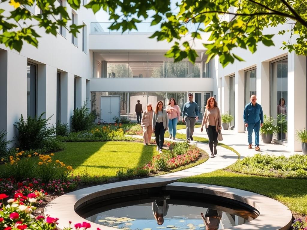 Finden Sie Heilung in Ihrer Psychosomatik Klinik 2 A serene, sun-dappled courtyard in a modern psychosomatic rehabilitation clinic. The foreground features a lush, manicured garden with colorful beds of flowers and a tranquil water feature. In the middle ground, patients in comfortable, casual attire stroll along a meandering path, some engaged in gentle exercises or deep conversations. The background showcases the clean, minimalist architecture of the clinic, with large windows allowing natural light to flood the space. The overall atmosphere is one of peace, restoration, and holistic healing, conveying the clinic's focus on treating the mind-body connection.