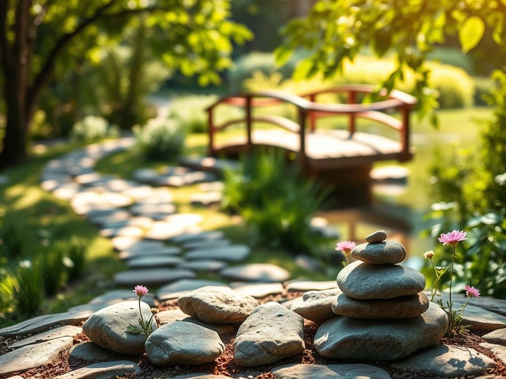 A serene, sun-dappled garden setting, with a winding path leading towards a tranquil pond. Soft, diffused light filters through the lush foliage, casting gentle shadows across the scene. In the foreground, a group of smooth, polished stones of varying sizes and shapes are arranged in a thoughtful, meditative pattern, conveying a sense of balance and inner harmony. Surrounding the stones, delicate wildflowers sway gently in a soft breeze, their vibrant hues adding a touch of natural beauty. In the background, a wooden bridge arches gracefully over the pond, its reflection rippling on the still water, creating a sense of serenity and introspection. The overall atmosphere is one of calm, restorative energy, inviting the viewer to pause, reflect, and reconnect with their inner resources and inner trust.