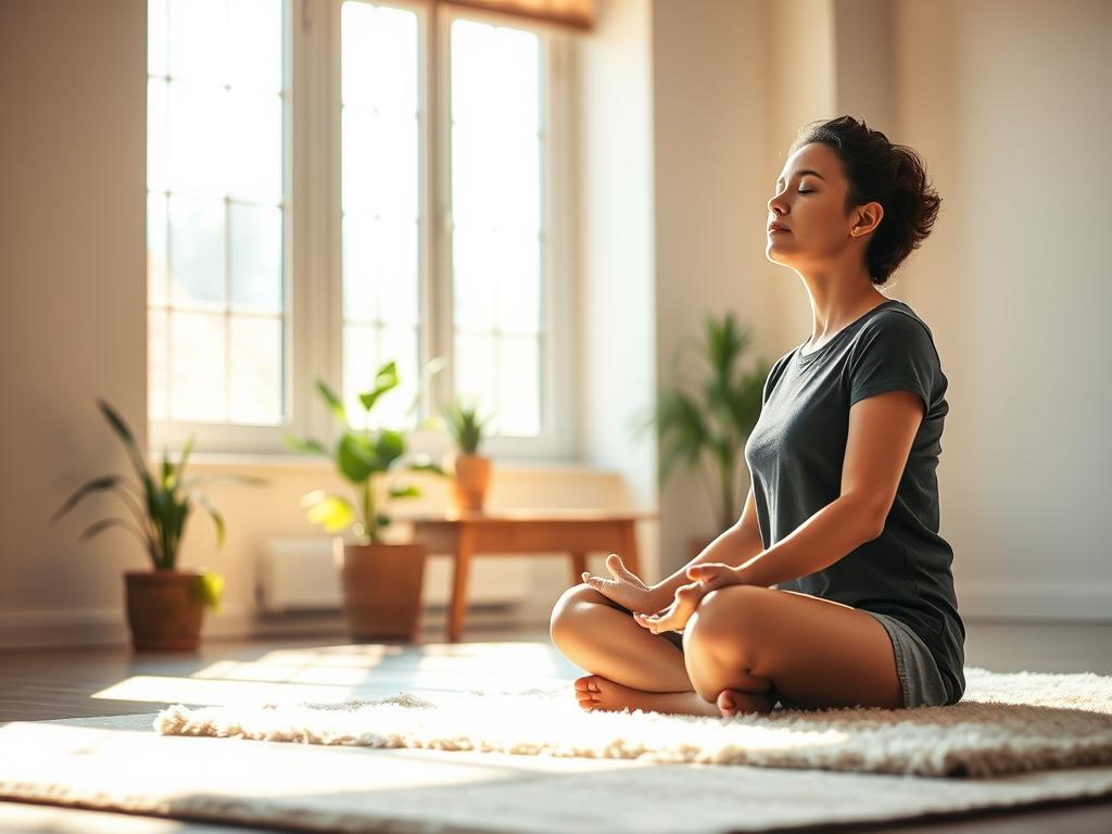 A serene, sun-dappled indoor scene depicting the concept of "Coaching for the Subconscious". In the foreground, a thoughtful person sits cross-legged on a plush rug, hands resting on their knees, eyes closed in deep meditation. Soft natural light filters in through large windows, casting a warm, contemplative glow. In the middle ground, lush potted plants and a minimalist wooden table or bench create a sense of tranquility. The background features clean, neutral-toned walls, evoking a peaceful, restorative atmosphere conducive to inner exploration and self-discovery. The overall composition conveys a calming, introspective mood, visually representing the idea of unlocking the power of the subconscious mind through thoughtful coaching and guidance.