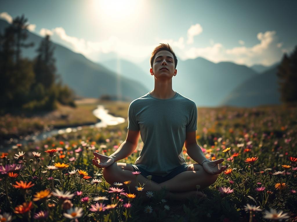 A serene, sun-dappled landscape where a figure meditates amidst a field of blooming wildflowers. The foreground features the person in a thoughtful, introspective pose, their eyes closed as they navigate the depths of their subconscious. The middle ground depicts a gentle stream winding through the lush, verdant foliage, symbolizing the transformative flow of the inner psyche. In the background, a mountainous horizon glows with a warm, golden light, suggesting the illumination and self-discovery that can arise from exploring the unconscious mind. Soft, diffused lighting filters through wispy clouds, creating an atmosphere of tranquility and spiritual awakening. Captured with a wide-angle lens to convey a sense of expansive, limitless potential within the human psyche.
