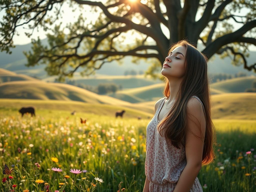 A serene, sun-dappled meadow, alive with vibrant wildflowers and dancing butterflies. In the foreground, a young woman stands tall, her eyes closed, a serene expression on her face as she embraces the power of positive thinking. Soft, warm light filters through the leaves of a towering oak tree, casting a gentle glow upon the scene. The background is a rolling landscape, dotted with lush, verdant hills that stretch out towards the horizon, evoking a sense of tranquility and possibility. The overall mood is one of inner peace, growth, and the transformative potential of a mindshift through affirmations.