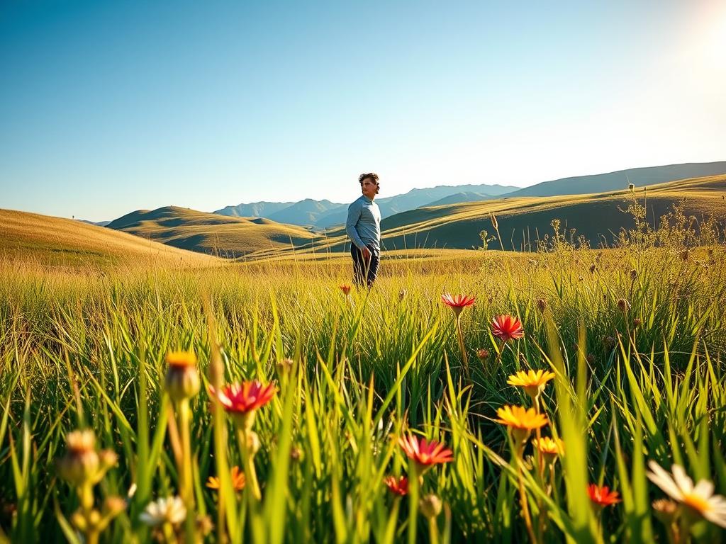 Manifestationsübungen für Deinen Lebenserfolg 1 A serene, sun-dappled meadow in the foreground, with lush green grass and vibrant wildflowers. In the middle ground, a person stands with an expression of confidence and inner peace, gazing thoughtfully into the distance. The background features rolling hills and a clear blue sky, with soft, warm lighting that creates a sense of inspiration and possibility. The overall mood is one of self-assurance, positivity, and a clear focus on personal growth and achievement.