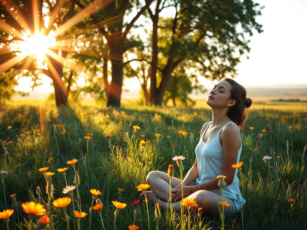 Wohlstand beginnt im Inneren – Finde Dein Glück 4 A serene, sun-dappled meadow, lush with vibrant wildflowers swaying in a gentle breeze. In the foreground, a person sitting cross-legged, their eyes closed in deep contemplation, their expression radiating an inner peace and tranquility. Rays of warm, golden light filter through the canopy of trees, casting a soft, ethereal glow across the scene. In the background, a distant horizon line, where the sky and earth meet in a harmonious embrace. The overall mood is one of introspection, balance, and the transformative power of positive thinking.