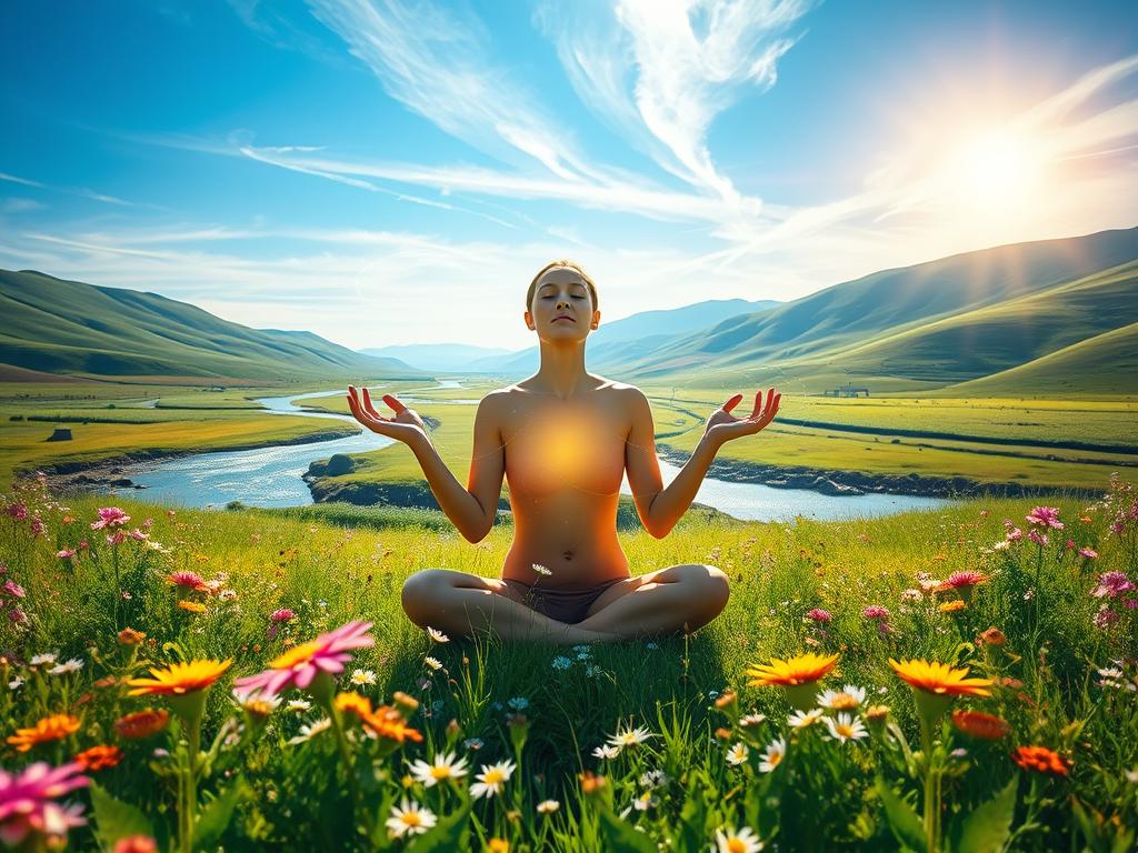 Aktiviere Deinen Glauben bewusst – Lebenskraft 2 A serene, sun-dappled meadow, lush with wildflowers in bloom. In the foreground, a figure sits in a meditative pose, eyes closed, palms upturned, radiating an aura of tranquility. Wisps of translucent energy emanate from their body, intertwining with the vibrant flora surrounding them. In the middle ground, a flowing river reflects the sky's azure expanse, its gentle current mirroring the subject's inner peace. The background features rolling hills, verdant and verdant, culminating in a distant horizon where the sun's warm rays filter through wispy, ethereal clouds. The overall scene conveys a sense of harmony, balance, and the power of visualization and positive affirmation to activate one's inner faith and vital life force.