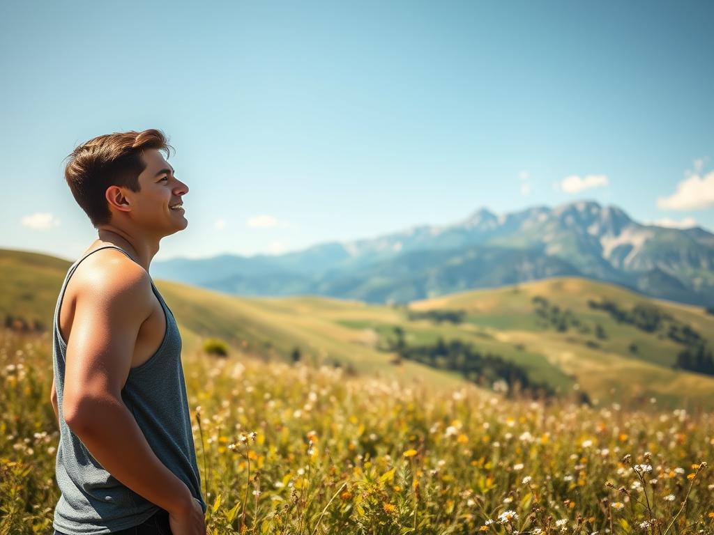 Erfolgsfrequenz erhöhen: Der Schlüssel zu Ihrem Erfolg 3 A serene, sun-dappled meadow on a tranquil summer day. In the foreground, a person stands confidently, shoulders back, gaze fixed on the horizon. Their expression radiates inner strength and self-assurance. In the middle ground, rolling hills dotted with wildflowers stretch out, suggesting a sense of expansive possibility. The background features a majestic mountain range, its peaks bathed in a warm, golden light, symbolizing the heights one can reach through mental fortitude. The overall scene conveys a mood of empowerment, self-belief, and the realization of one's full potential.
