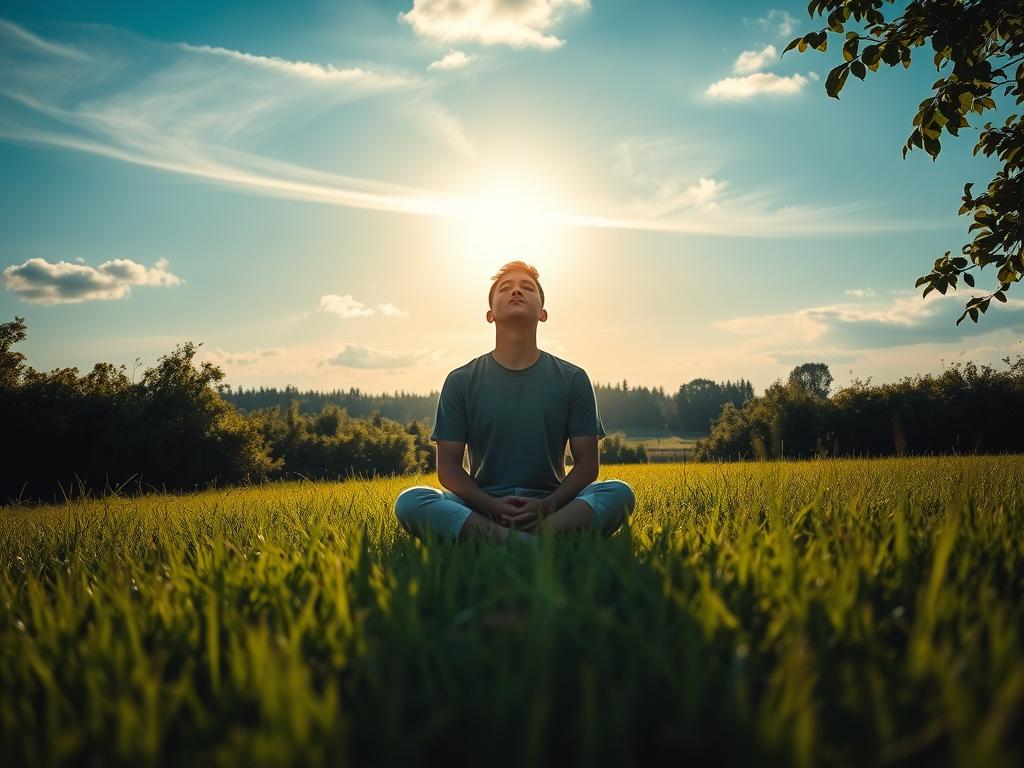 Wohlstand beginnt im Inneren – Finde Dein Glück 3 A serene, sun-dappled meadow stretches out, framed by lush, verdant foliage. In the center, a solitary figure sits cross-legged, eyes closed in deep introspection. The warm glow of the sun casts a soft, contemplative light, illuminating the person's face and creating a sense of inner peace and self-reflection. Wispy clouds drift overhead, suggesting a connection between the individual and the expansive sky above. The overall composition evokes a feeling of personal growth, as the subject journeys inward to find their own path to fulfillment and happiness.