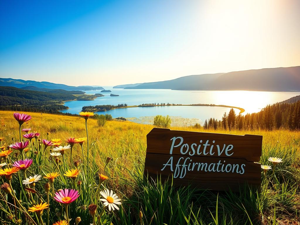 A serene, sun-dappled meadow with a warm, golden glow. In the foreground, vibrant wildflowers sway gently in a soft breeze, their petals radiating positive energy. In the middle ground, a tranquil lake reflects the azure sky, its surface dotted with lily pads. Nestled on the shore, a wooden sign displays the words "Positive Affirmations" in an elegant, hand-painted script. The background features rolling hills and lush, verdant forests, creating a sense of expansive, calming space. The overall atmosphere is one of peace, renewal, and inner harmony, perfectly capturing the essence of starting the day with uplifting, empowering thoughts.
