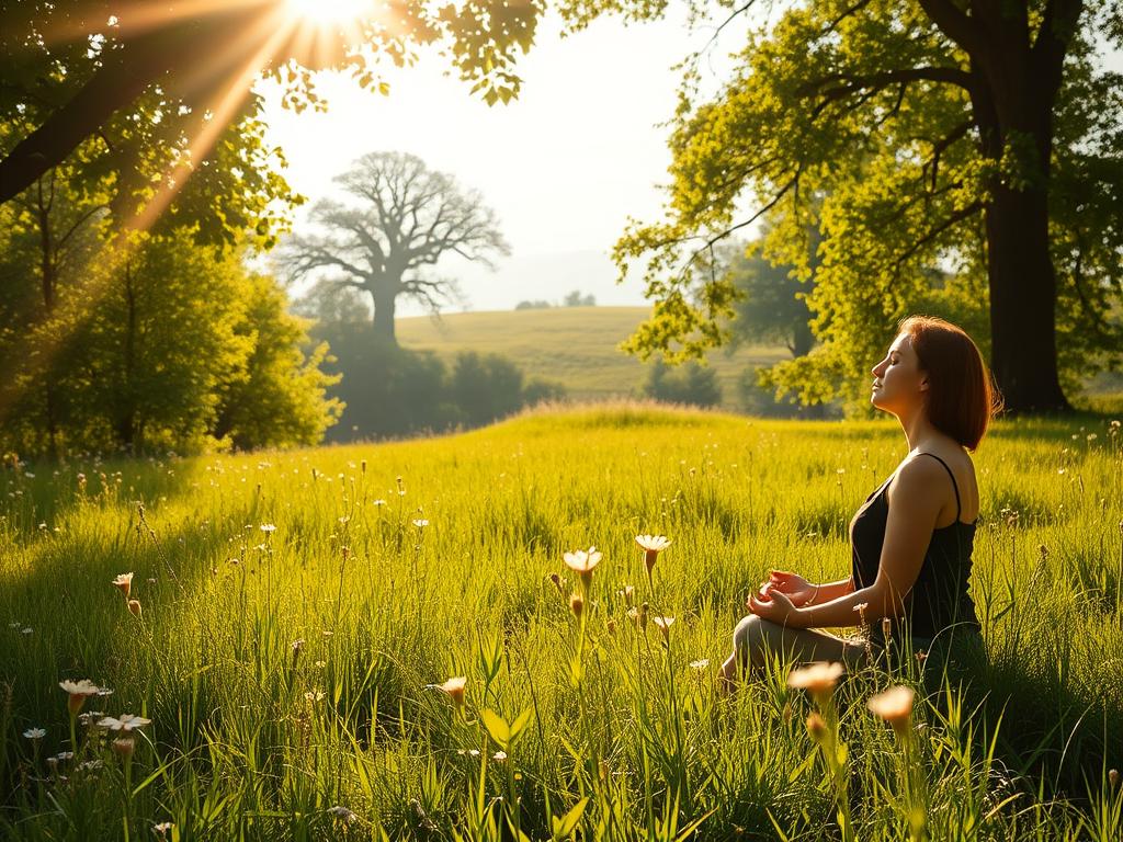 Erfahre Heilung mit Steffen Lohrer Heilmeditation 2 A serene, sun-dappled meadow with lush, verdant foliage. In the foreground, a person sits cross-legged, eyes closed, exuding a sense of deep tranquility and inner focus. Soft beams of warm light filter through the canopy, illuminating the scene with a gentle, ethereal glow. In the middle ground, delicate wildflowers sway gently in a soft breeze, their petals seeming to vibrate with the energy of the meditation. The background features a distant, rolling hill dotted with towering, ancient trees, conveying a timeless, restorative atmosphere. The overall scene radiates a profound sense of physical, mental, and spiritual rejuvenation.