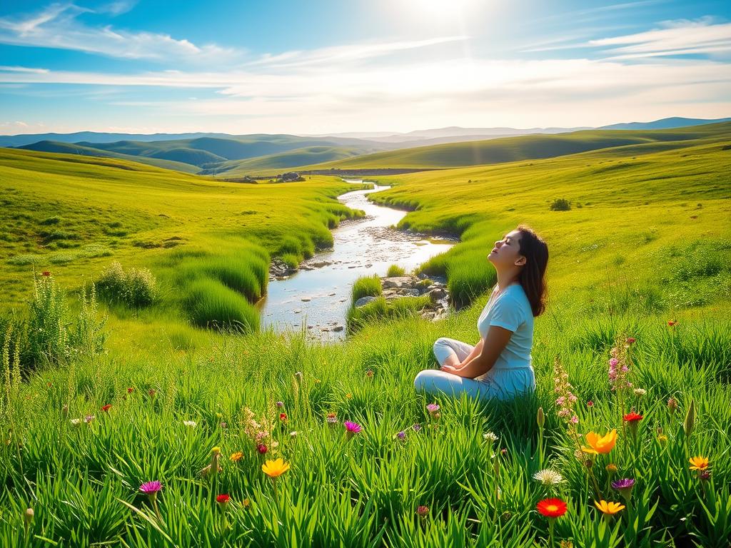 Stärke Deinen Geist: Mindset Übungen für Alltag 1 A serene, sun-dappled meadow with lush, verdant grass and vibrant wildflowers in full bloom. In the foreground, a peaceful, contemplative figure sits cross-legged, eyes closed, radiating an aura of tranquility and inner focus. The middle ground features a meandering stream, its gentle waters reflecting the azure sky above. In the distance, rolling hills and a horizon line bathed in a warm, golden light, creating a sense of expansiveness and uplift. The overall mood is one of clarity, harmony, and the transformative power of positive thinking.