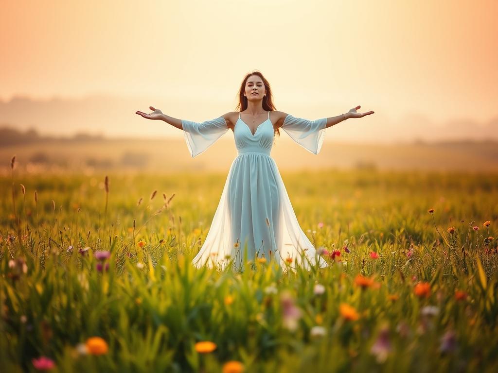 Seelenpartner finden Affirmationen für tiefe Liebe 2 A serene, sun-dappled meadow with lush, verdant grass and vibrant wildflowers in the foreground. In the middle ground, a woman stands in a white flowing dress, her arms outstretched in a gesture of self-embrace, radiating a sense of inner peace and self-acceptance. The background fades into a hazy, golden-hued horizon, creating a warm, contemplative atmosphere. Soft, diffused lighting bathes the scene, accentuating the woman's tranquil expression and the natural beauty that surrounds her, symbolizing the strength and harmony found in self-love and self-worth.