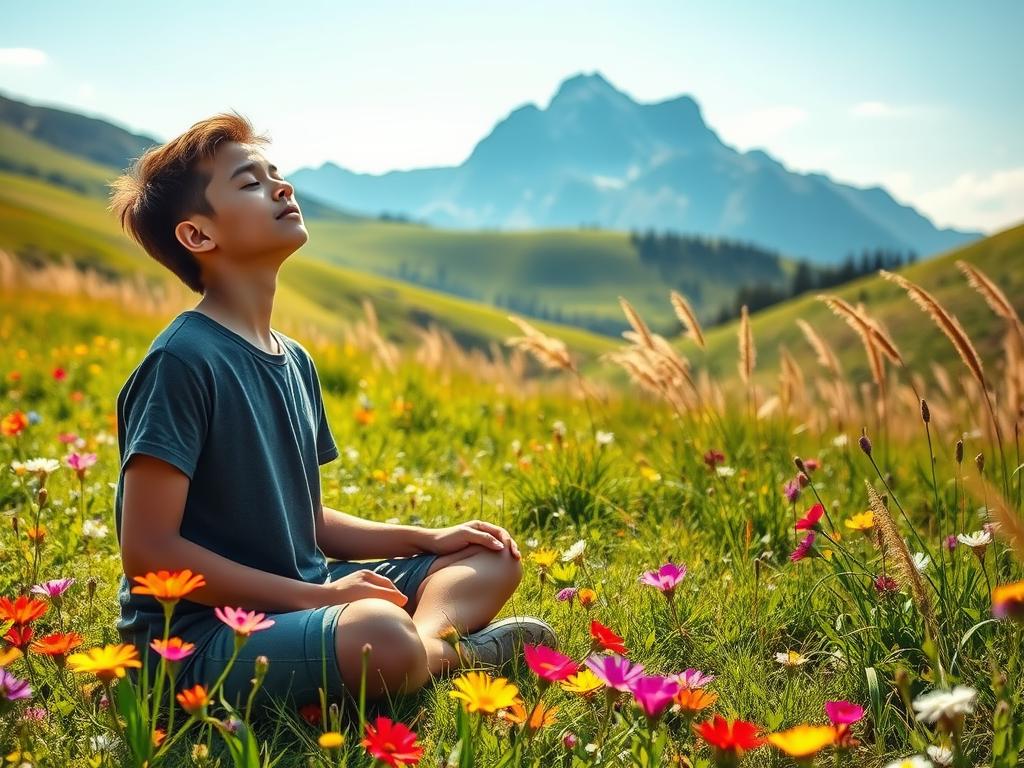 A serene, sun-dappled meadow with vibrant wildflowers in full bloom. In the foreground, a young person sits cross-legged, eyes closed in deep contemplation, their expression radiating a sense of inner peace and positivity. The middle ground features lush, rolling hills adorned with tall grasses swaying gently in a light breeze. In the distance, a majestic mountain range stands tall, bathed in warm, golden light. The overall scene conveys a profound tranquility and a profound connection with the natural world, symbolizing the power of a positive mindset to unlock one's full potential.