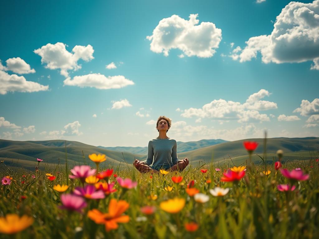 A serene, sun-dappled meadow with vibrant wildflowers in the foreground, their petals gently swaying in a light breeze. In the middle ground, a lone figure sits cross-legged, eyes closed in deep contemplation, radiating an aura of inner peace and positivity. In the distance, rolling hills and a azure sky dotted with fluffy white clouds, creating a tranquil, uplifting atmosphere. Soft, warm lighting casts a golden glow over the scene, evoking a sense of hope and possibility. The overall composition conveys the power of positive thinking to unlock one's true potential.