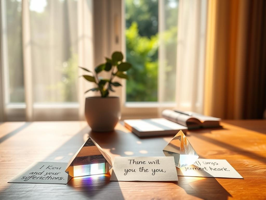 A serene, sun-dappled morning scene. In the foreground, a softly glowing crystal prism casts a spectrum of colorful light across a wooden table surface, upon which rest several handwritten affirmation cards in a cursive script. The middle ground features a tranquil, minimalist workspace with a stylized potted plant and a notebook, conveying a sense of order and inner calm. In the background, an expansive window overlooks a lush, verdant garden, the warm natural light filtering through gossamer curtains and imbuing the entire scene with a soothing, rejuvenating atmosphere. The overall mood is one of introspection, self-empowerment, and a renewed sense of confidence to embrace the day ahead.