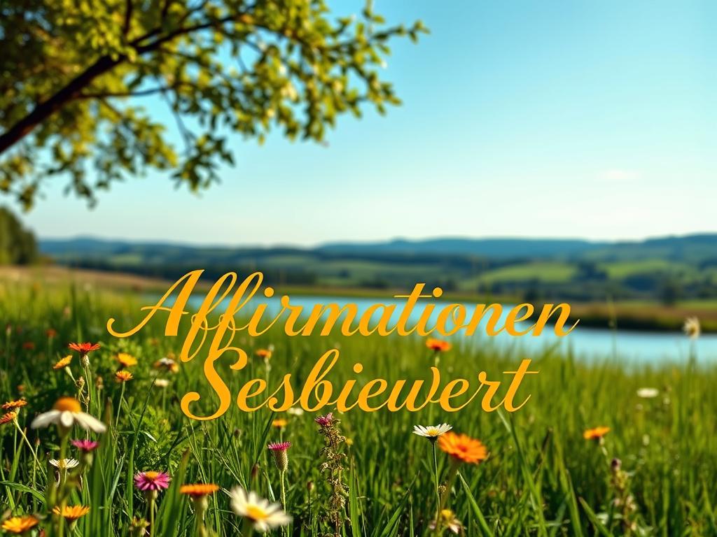 A serene, sun-dappled scene of a peaceful meadow, with lush green grass and vibrant wildflowers swaying gently in the breeze. In the foreground, an elegant calligraphic script unfurls, the words "Affirmationen Selbstwert" emblazoned in warm, golden hues, radiating a sense of self-assurance and inner strength. The middle ground features a tranquil lake, its surface like a mirror, reflecting the surrounding natural beauty. In the distance, rolling hills and a cloudless azure sky create a serene, harmonious backdrop, conveying a sense of calm and introspection. The lighting is soft and diffused, creating a contemplative, almost meditative atmosphere, inviting the viewer to pause and find solace in the power of affirmations.
