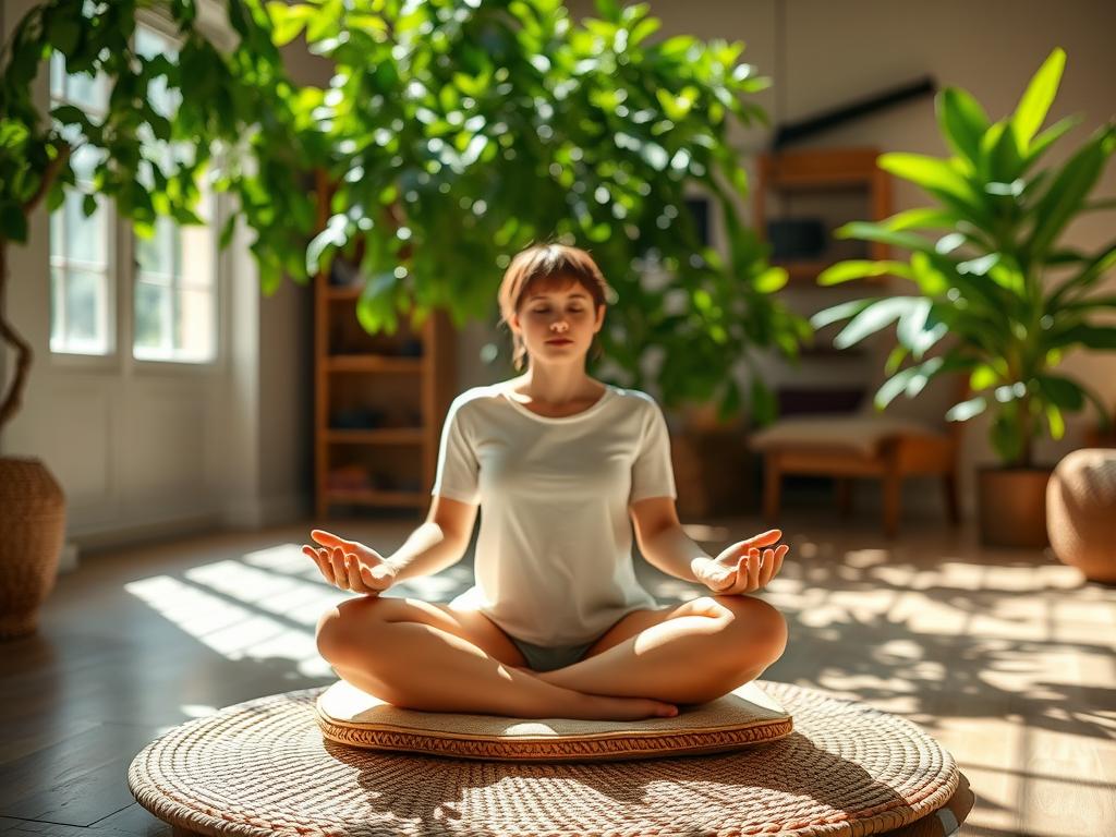 Wohlstand beginnt im Inneren – Finde Dein Glück 2 A serene, sun-dappled scene of mindfulness in daily life. In the foreground, a person sitting cross-legged on a woven meditation cushion, palms upturned in a posture of openness and presence. Soft natural light filters through lush, verdant foliage in the middle ground, casting gentle shadows. In the background, a simple, uncluttered interior with warm, earthy tones - a sanctuary of stillness amidst the busyness of the world. An atmosphere of tranquility, introspection, and the art of being fully in the moment, radiating a sense of inner abundance and contentment.