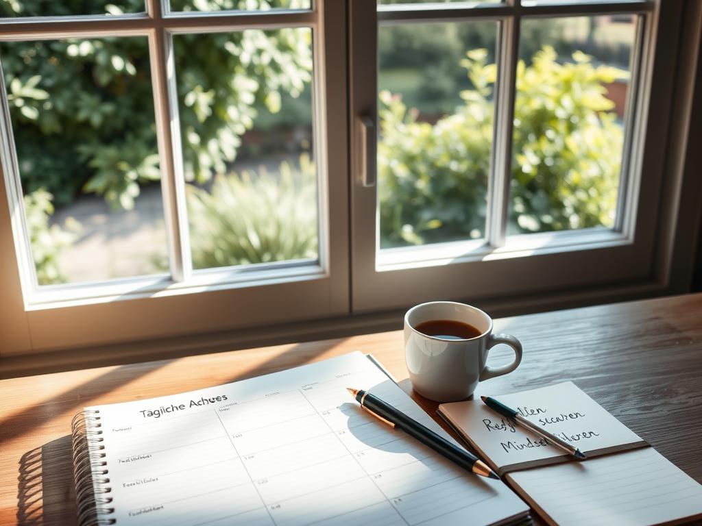 A serene, sun-dappled workspace with a wooden desk, a planner open to a page marked "Tägliche Aufgaben," and a pen resting atop it. On the desk, a cup of coffee and a notebook with the words "Reflexionen" and "Mindset stärken" handwritten inside. The background features a large window overlooking a lush, green garden, allowing natural light to flood the scene. The overall atmosphere is one of calm, focus, and self-reflection, capturing the essence of the "21-Tage Mindset Challenge" and its ability to help one unlock their potential.