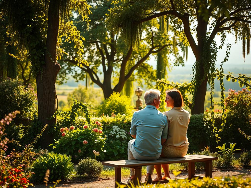 Stärke Dein Füllebewusstsein für ein reiches Leben 2 A serene, sun-drenched garden scene, captured through a warm, hazy lens. In the foreground, a couple sits together on a weathered wooden bench, their bodies angled towards each other in a posture of deep connection. Their faces glow with a sense of inner fulfillment, as they exchange a tender gaze. The middle ground is filled with lush, verdant foliage - a mix of towering trees, blooming flowers, and meandering vines that create a sense of abundance and vitality. In the background, a softly blurred landscape extends, hinting at the larger world beyond the intimate shared space. The overall atmosphere conveys a feeling of tranquility, harmony, and a profound appreciation for the richness of life and relationships.
