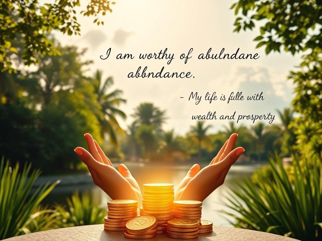 Wohlstand mit Affirmationen 1 A serene, sun-drenched garden setting with lush greenery and a tranquil pond. In the foreground, a stack of glowing, golden coins and a pair of open hands, palms up, radiating a sense of abundance and prosperity. In the middle ground, floating affirmation mantras in calligraphic script, such as "I am worthy of abundance" and "My life is filled with wealth and prosperity". The background features a soft, hazy sky with fluffy white clouds, creating a peaceful, meditative atmosphere. The lighting is warm and gentle, enhancing the overall sense of harmony and fulfillment. Captured with a wide-angle lens to convey a sense of expansiveness and possibility.