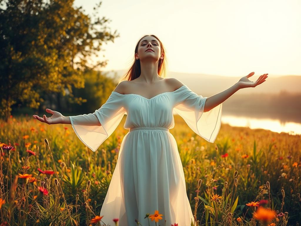 Liebe anziehen Spiritualität: Ihr Weg zum Herzen 2 A serene, sun-drenched meadow, dotted with vibrant wildflowers, provides the backdrop for a woman in a flowing white dress, her arms outstretched in a gesture of self-embrace. Her eyes are closed, her expression radiating inner peace and contentment. Warm, golden light filters through the lush foliage, casting a soft, ethereal glow on the scene. In the distance, a tranquil lake reflects the surrounding landscape, creating a sense of harmony and balance. The overall atmosphere conveys a deep, soulful connection to the self, inviting the viewer to embark on a journey of self-love and inner growth.