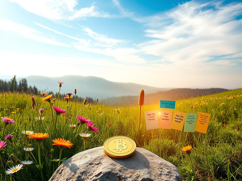 Reichtum durch Gedanken manifestieren 2 A serene, sun-drenched meadow filled with vibrant wildflowers swaying gently in a light breeze. In the foreground, a gleaming gold coin rests on a smooth stone, casting a warm, incandescent glow. Surrounding the coin, a circle of colorful affirmation cards display uplifting messages about wealth, prosperity, and abundance. The middle ground features a lush, verdant landscape with rolling hills and a distant, fog-shrouded forest. The sky is a brilliant azure, with wispy cirrus clouds drifting overhead, creating a sense of tranquility and peace. Soft, natural lighting bathes the scene, lending an ethereal, almost dreamlike quality to the composition. The overall mood is one of positivity, hope, and the realization of financial goals through the power of focused, affirmative thought.