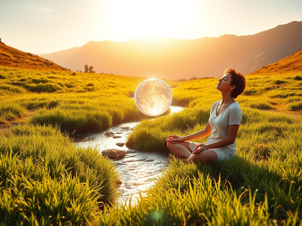 Selbsthypnose lernen gratis - Verwandle dein Leben 3 A serene, sun-drenched meadow with lush, verdant grass and a calming stream flowing gently through the center. In the foreground, a person sits in a comfortable lotus position, their eyes closed, hands resting gently on their lap, exuding a sense of deep inner focus and tranquility. The middle ground features a softly glowing crystal sphere, emitting a warm, ambient light that envelops the scene. In the background, a vast, picturesque mountain range rises up, bathed in golden sunlight, creating a harmonious and introspective atmosphere. The overall mood is one of profound relaxation, self-reflection, and the journey towards self-hypnosis.