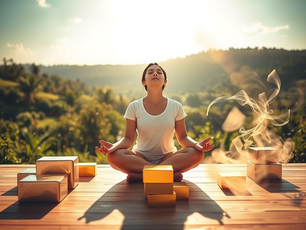 Geldblockaden auflösen: Dein Weg zu finanzieller Freiheit 1 A serene, sun-drenched scene depicting a peaceful understanding of financial blocks. In the foreground, a person sits cross-legged, eyes closed, radiating a sense of inner calm. Surrounding them, gently glowing blocks of gold and silver represent the tangible manifestations of wealth, while a swirling mist of energy symbolizes the invisible barriers that inhibit financial growth. In the background, a lush, verdant landscape suggests the abundance and prosperity that can be unlocked by overcoming these blockages. Soft, diffused lighting bathes the entire composition in a warm, ethereal glow, conveying a sense of tranquility and clarity. Captured with a wide-angle lens, the scene invites the viewer to immerse themselves in this meditative exploration of financial self-discovery.