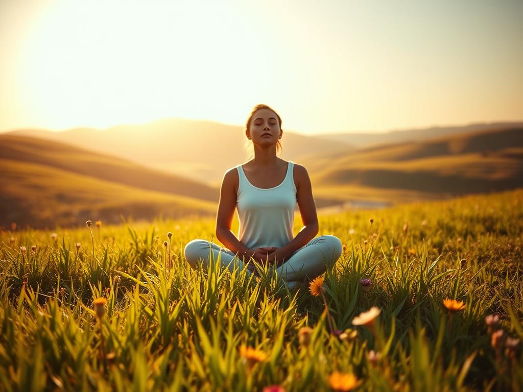 Entfesseln Sie Ihr Potenzial: Wie funktioniert Autosuggestion 3 A serene, sun-lit meadow with lush, verdant grass and vibrant wildflowers in the foreground. In the middle ground, a person sitting cross-legged, their eyes closed in deep contemplation, embodying the focus and clarity of autosuggestion. The background features rolling hills, with a warm, golden glow cast by the sun, creating a sense of tranquility and inner peace. The lighting is soft and diffused, accentuating the subject's calm and introspective state. The overall composition evokes the powerful, transformative effects of autosuggestion on the mind and body.