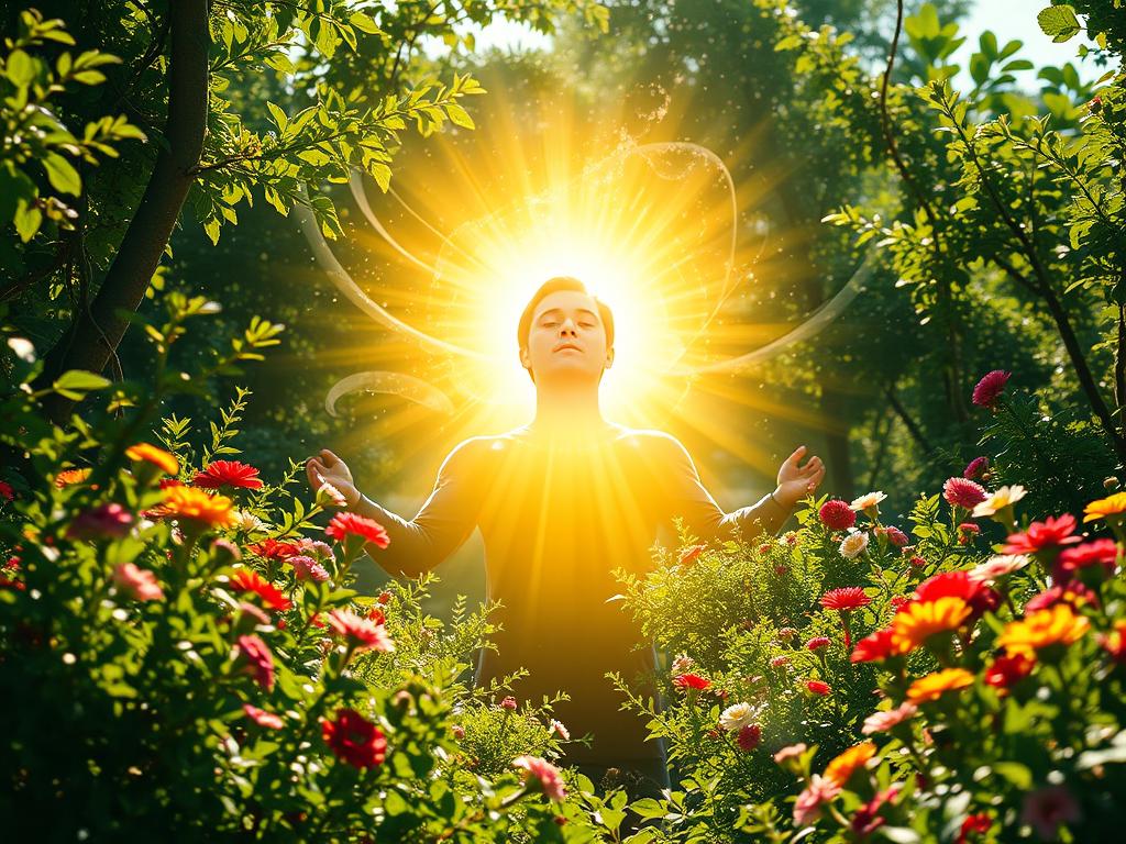 Stärke Deinen Geist: Mentale Stärke durch Glaube 1 A serene, sunlit garden filled with flourishing greenery and vibrant blooms, representing the nourishing power of faith. At the center, a person in a contemplative pose, their face bathed in a warm, ethereal light emanating from an unseen divine source. Surrounding them, wisps of energy or luminescent particles swirl gently, symbolizing the uplifting and invigorating influence of spiritual belief. The composition is balanced, with a sense of tranquility and inner strength radiating outwards. The overall atmosphere is one of harmony, clarity, and unwavering spiritual resolve.