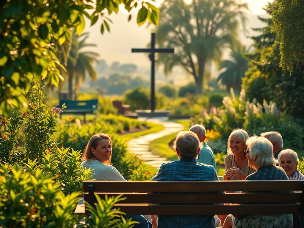 Stärken Sie Ihren Glauben: Tägliche Glaubensarbeit Praxis 4 A serene, sunlit garden filled with lush, vibrant greenery. In the foreground, a group of people of diverse ages and backgrounds gather around a wooden bench, their faces aglow with joy and contentment as they share their personal stories of faith and transformation. In the middle ground, a path winds through the garden, guiding the viewer's eye towards a central focal point - a weathered, wooden cross standing tall, a symbol of hope and redemption. The background is a soft, blurred landscape, creating a sense of tranquility and introspection. Warm, soft lighting casts a gentle glow over the entire scene, inviting the viewer to step into this peaceful, inspirational setting.