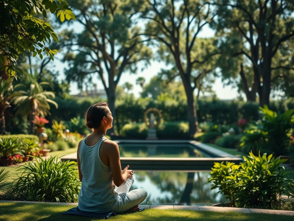 Glaube für Lebenswandel – Dein Wegweiser 2 A serene, sunlit garden with lush greenery and a harmonious blend of natural elements. In the foreground, a person sits in a meditative pose, their eyes closed, hands resting gently on their lap, as they find inner stillness and connection with their faith. In the middle ground, a reflecting pool mirrors the sky, creating a sense of tranquility and introspection. Tall, leafy trees line the background, their branches swaying gently in a soft breeze, symbolizing the integration of faith into the rhythms of everyday life. The overall composition evokes a sense of balance, peace, and a profound integration of spiritual and worldly elements.