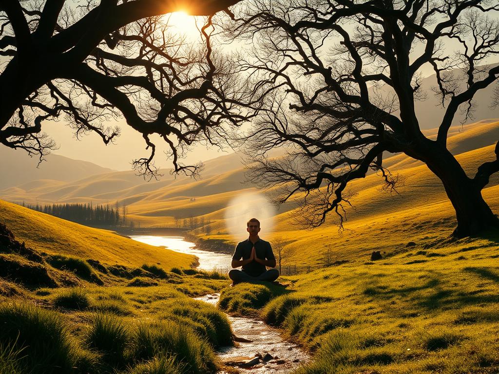 A serene, sunlit landscape of rolling hills and lush greenery, with a lone figure sitting cross-legged in a meditative pose at the center. The figure is shrouded in a mist or aura, conveying a sense of the subconscious and the unseen. In the background, a gently flowing stream reflects the sky, and the warm, golden light filters through the branches of ancient, twisted trees. The overall atmosphere is one of tranquility, introspection, and the inner journey of self-discovery.