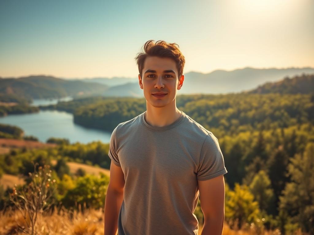Selbstvertrauen aufbauen: Ihr Weg zur Stärke 1 A serene, sunlit landscape with rolling hills and a peaceful lake. In the foreground, a person stands confidently, their posture upright and their gaze calm and composed. Warm lighting bathes the scene, creating a sense of tranquility and self-assurance. The background features a vibrant, verdant forest, symbolizing the growth and potential within. The entire image conveys a sense of inner strength, self-belief, and the power to overcome challenges. The lens is slightly wide-angled, capturing the expansive scene and the individual's place within it. The overall mood is one of empowerment, resilience, and the unwavering belief in one's own abilities.