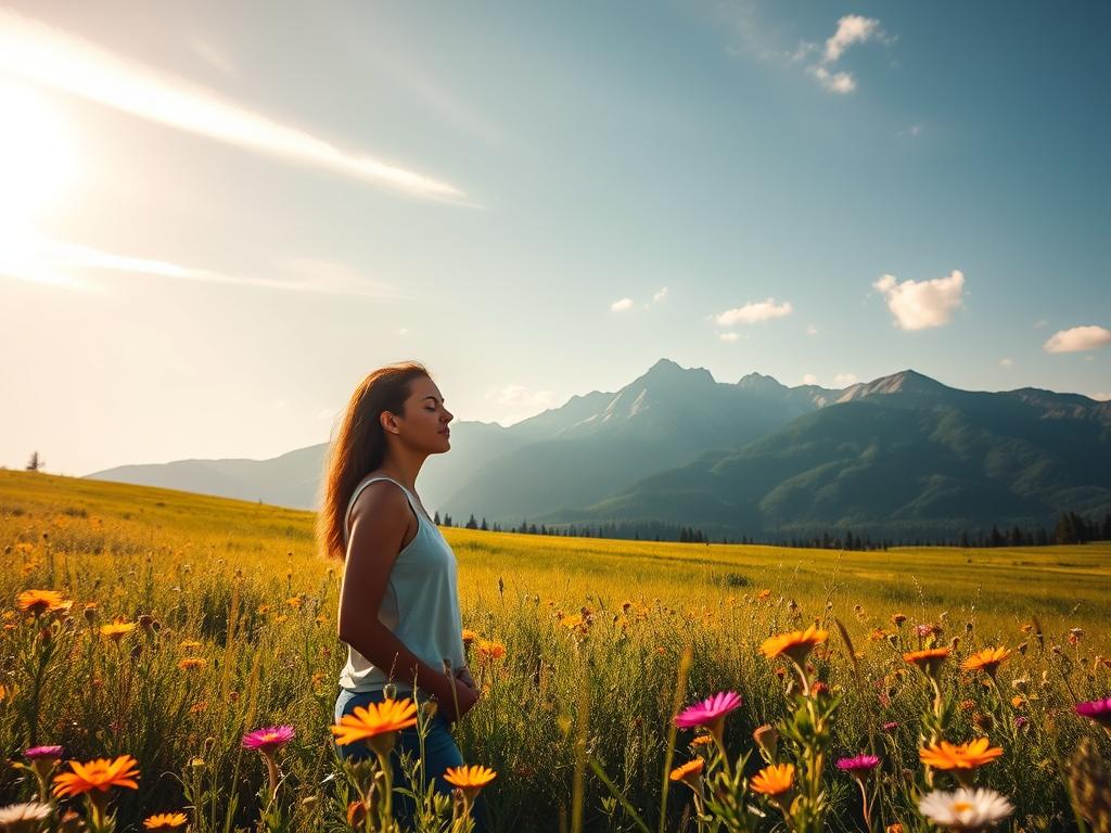 Erkenne Reichtumsblockaden und öffne Deinen Weg 4 A serene, sunlit meadow, lush with vibrant wildflowers. In the foreground, a person stands in a meditative pose, their gaze inward, a gentle expression on their face. Wisps of clouds drift overhead, casting soft shadows across the scene. In the middle ground, a majestic mountain range rises, its peaks gleaming under the golden light. The overall atmosphere is one of tranquility and self-reflection, inviting the viewer to contemplate the role of mindset in attaining wealth and abundance.